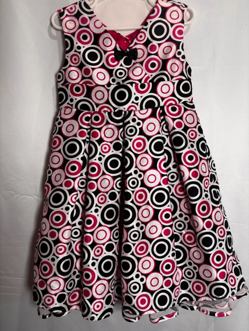 Girls Pink Black White Circle-Print Party Dress